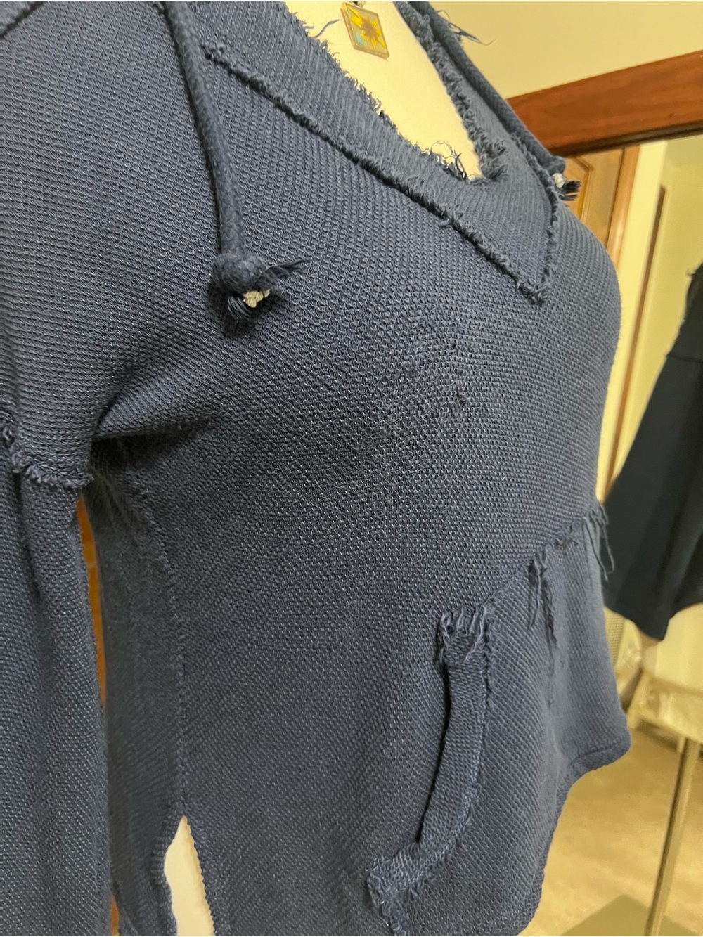 The Black Dog Brand L Navy Blue Distressed Hooded Sweater Oversized Boho Casual - Picture 4 of 9